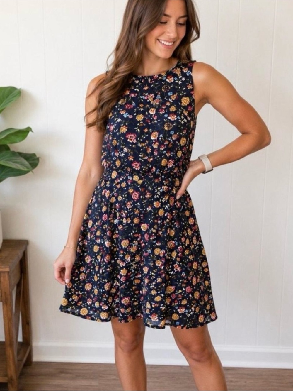 J. CREW | Navy Floral Print Sleeveless Fit & Flare Dress Cottagecore Preppy